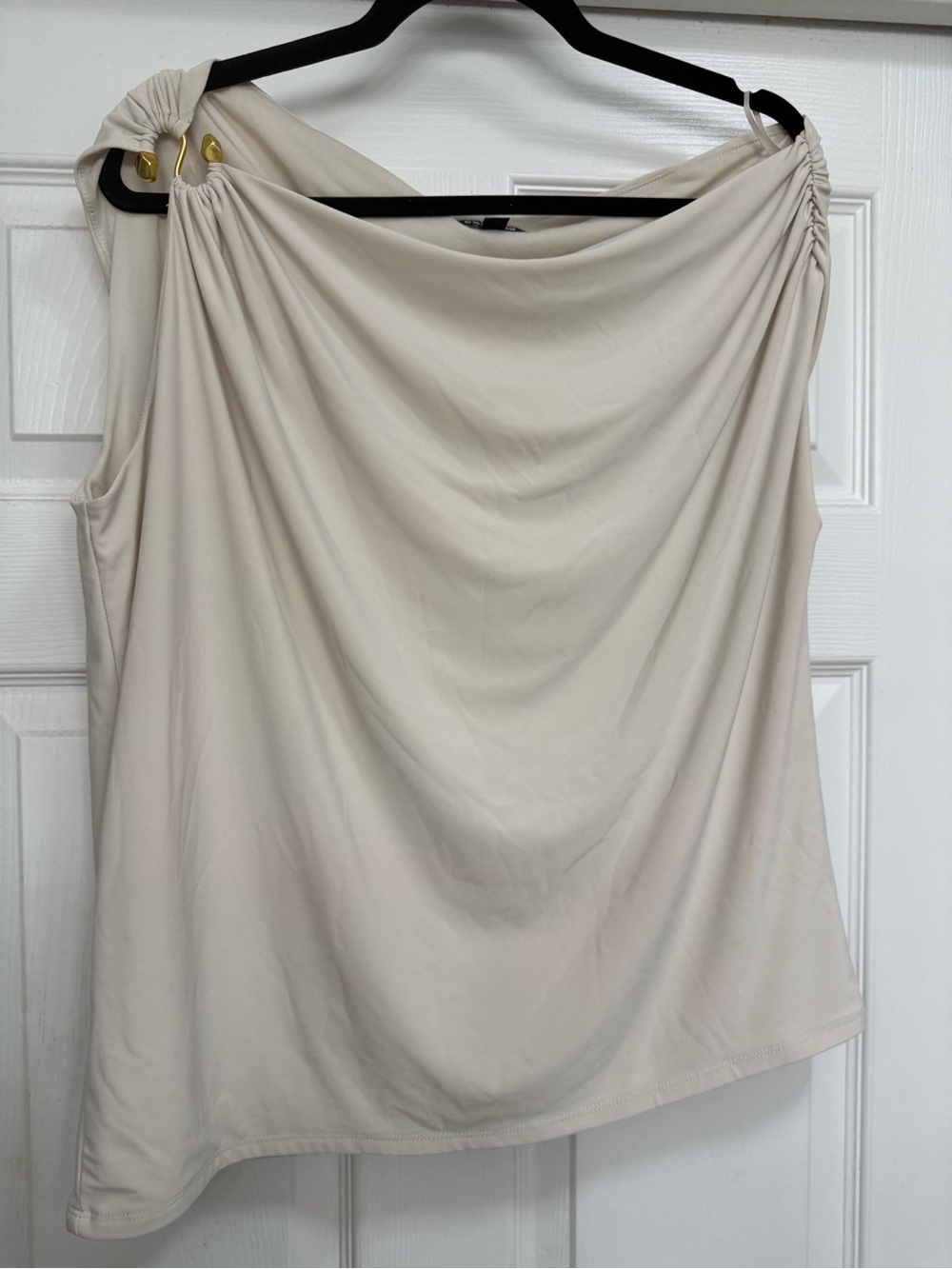 Express Cream Draped One-Shoulder Top with Gold Accent